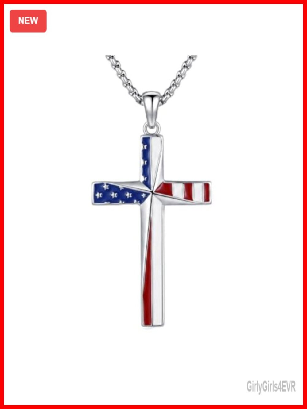 925 Sterling Silver American Flag Cross Pendant Necklace 20in Religious Gift